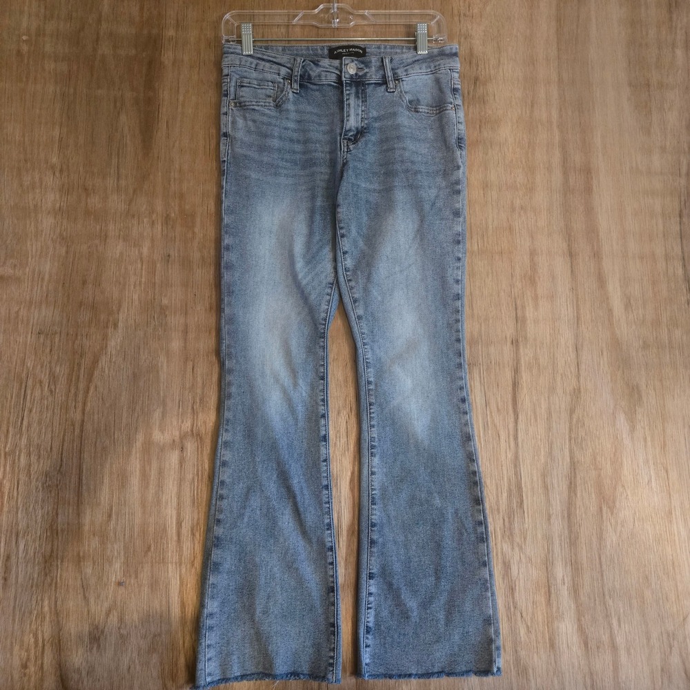 Ashley Mason Premium Light Wash Flare Leg Raw Hem Jeans Size 7/28